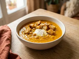 Soupe de potiron, pois chiches et croûtons