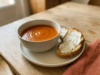 Soupe de tomates maison et tartines au fromage frais