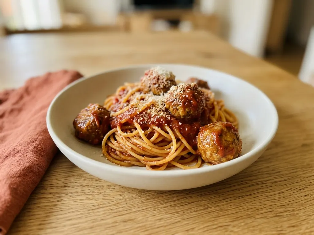 Spaghetti and beef meatballs, a serving idea
