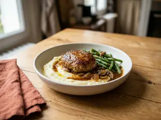 Burger patties with onion gravy and mashed potatoes