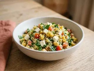 Taboulé de chou-fleur et persil, dés de feta et tomates