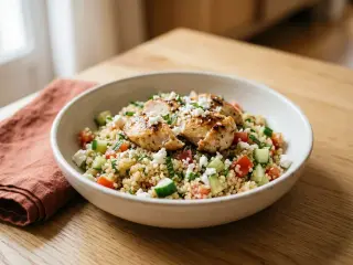 Taboulé de quinoa, concombre et feta avec poulet grillé