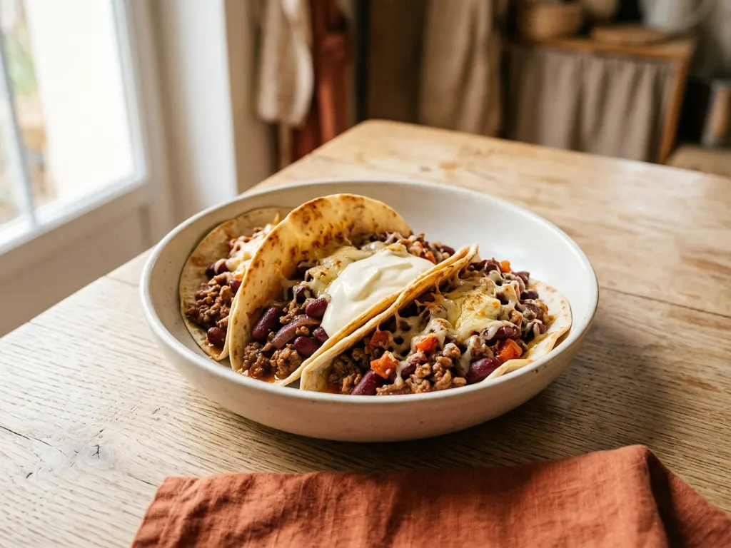 Homemade beef and kidney bean tacos, a serving idea