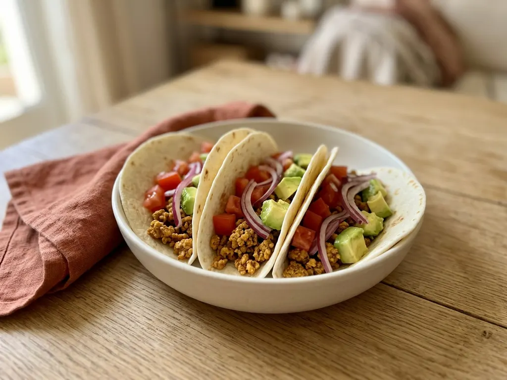 Homemade beef tacos with crunchy veggies, a serving idea
