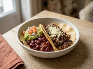 Homemade beef tacos with kidney beans and guacamole