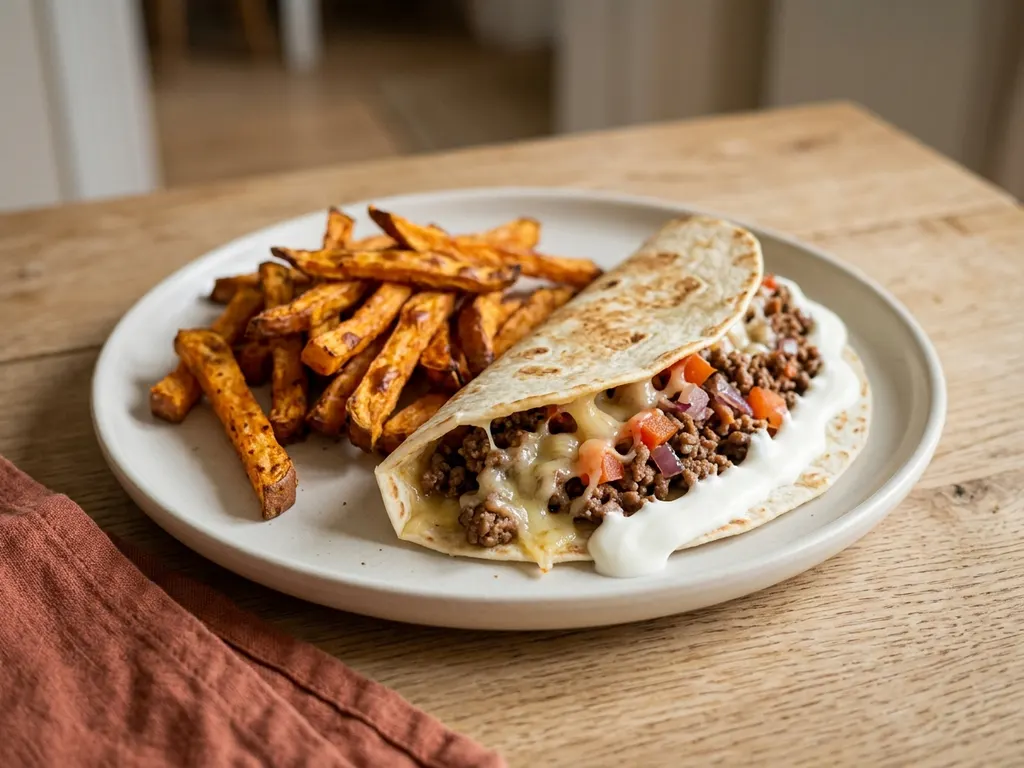 Tacos maison bœuf-fromage et frites de patates douces, une idée de présentation