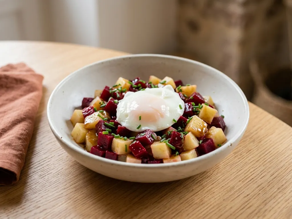 Tartare de betterave et pommes de terre, œuf poché et ciboulette