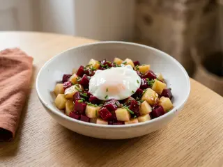 Tartare de betterave et pommes de terre, œuf poché et ciboulette