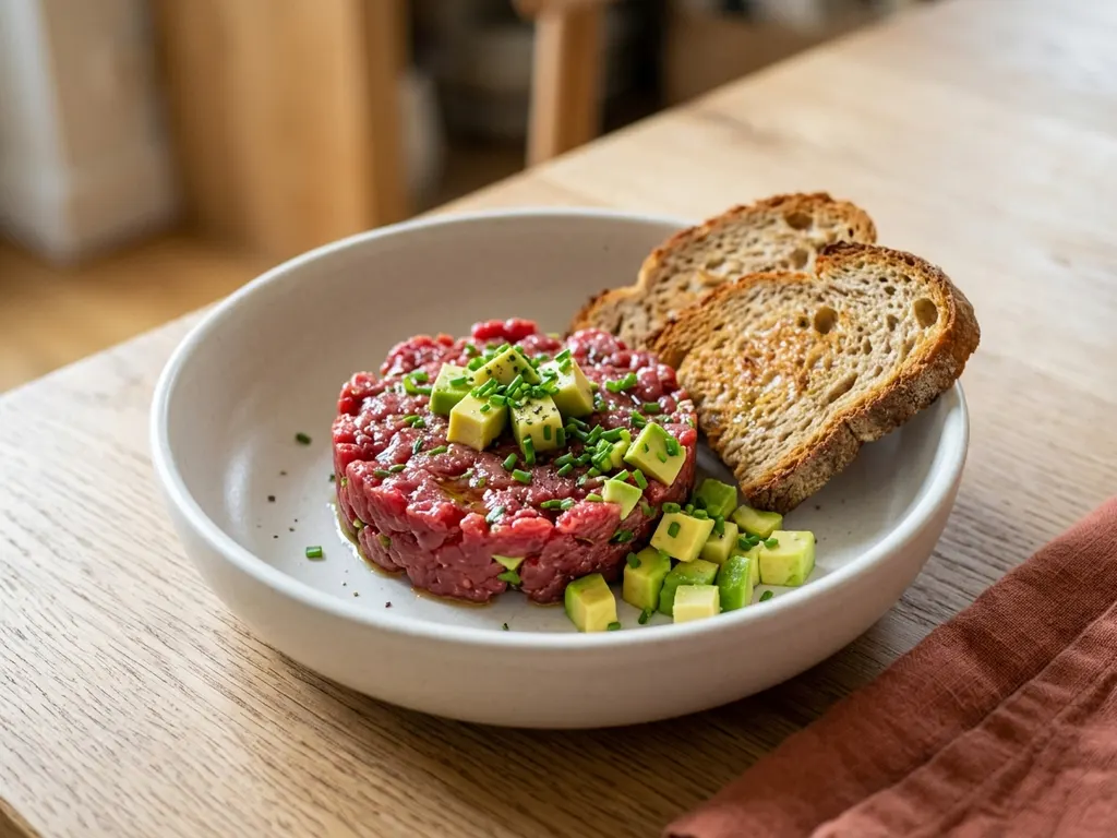 Tartare de bœuf maison, avocat et toast de seigle
