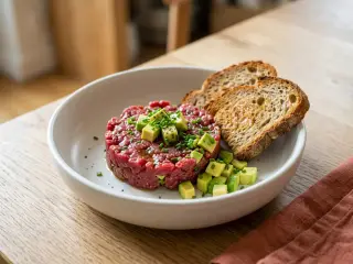 Tartare de bœuf maison, avocat et toast de seigle