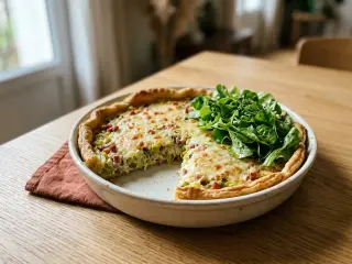 Tarte aux poireaux et lardons, salade verte