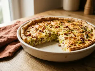 Tarte aux poireaux, lardons et fromage râpé