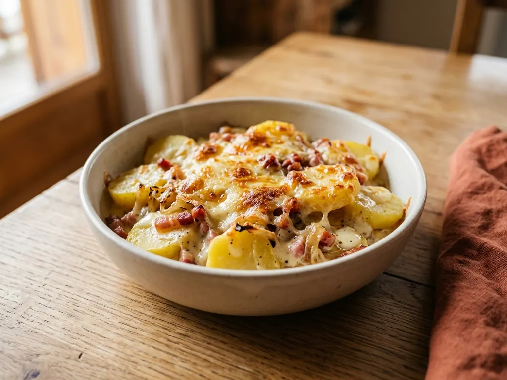 Tartiflette légère aux pommes de terre, lardons et reblochon, une idée de présentation