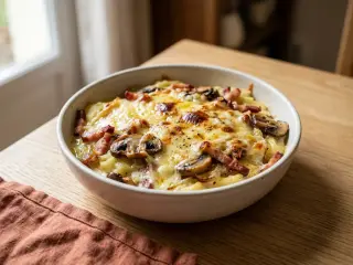 Tartiflette revisitée aux lardons et champignons de Paris