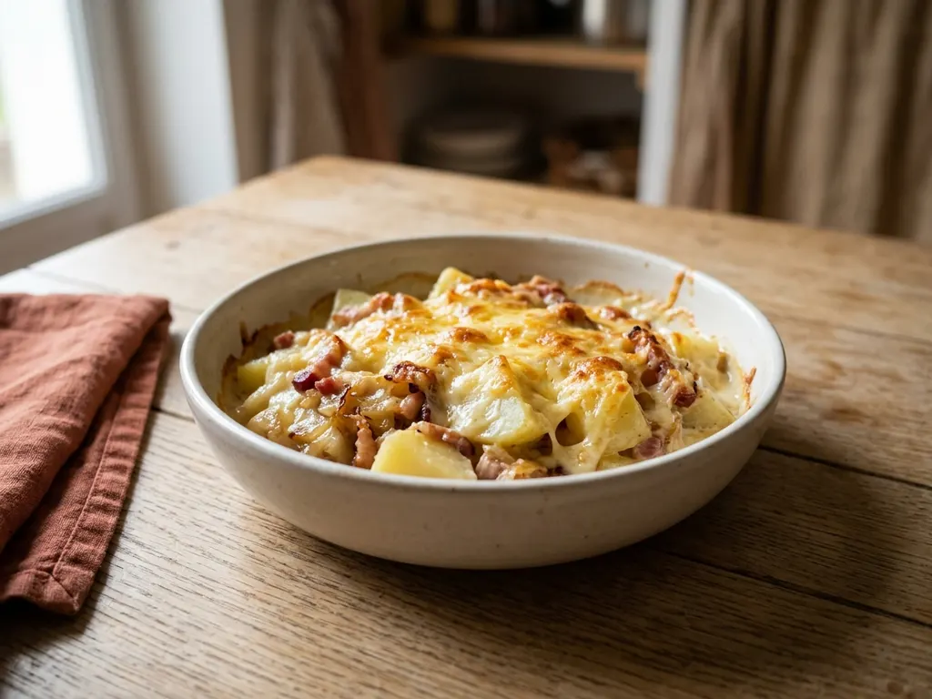 Tartiflette twist with bacon, potatoes and caramelized onions, a serving idea