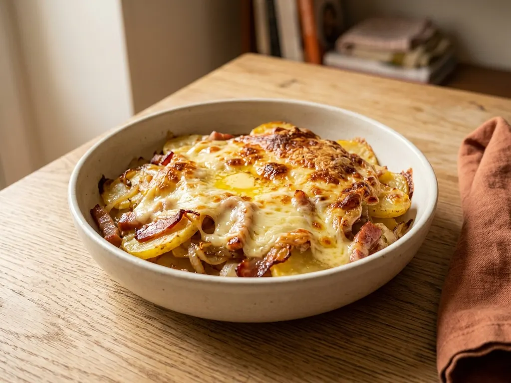Tartiflette twist with veggies and turkey bacon, a serving idea
