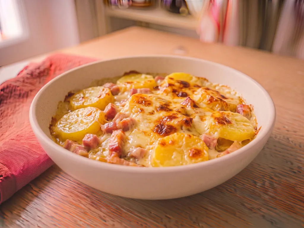 Tartiflette revisitée aux pommes de terre et lardons de dinde, une idée de présentation