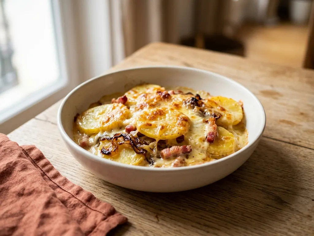 Tartiflette revisitée aux pommes de terre, lardons et oignons caramélisés, une idée de présentation