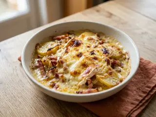 Tartiflette revisitée aux pommes de terre, lardons et oignons