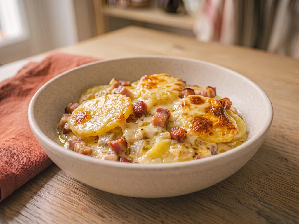 Tartiflette revisitée aux pommes de terre, lardons et reblochon, une idée de présentation