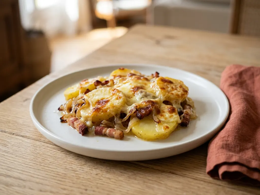 Tartiflette revisitée aux pommes de terre, lardons, oignons et reblochon, une idée de présentation