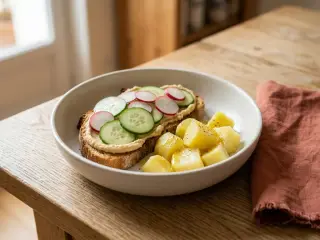 Hummus, cucumber and radish toast with steamed potatoes