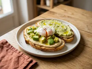 Tartines de houmous, avocat et œuf poché