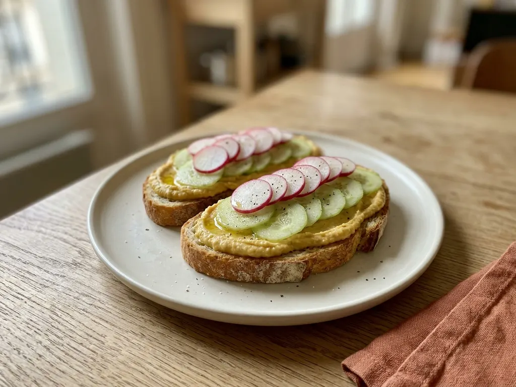Tartines de houmous, concombre et radis