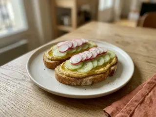 Hummus, cucumber and radish toasts