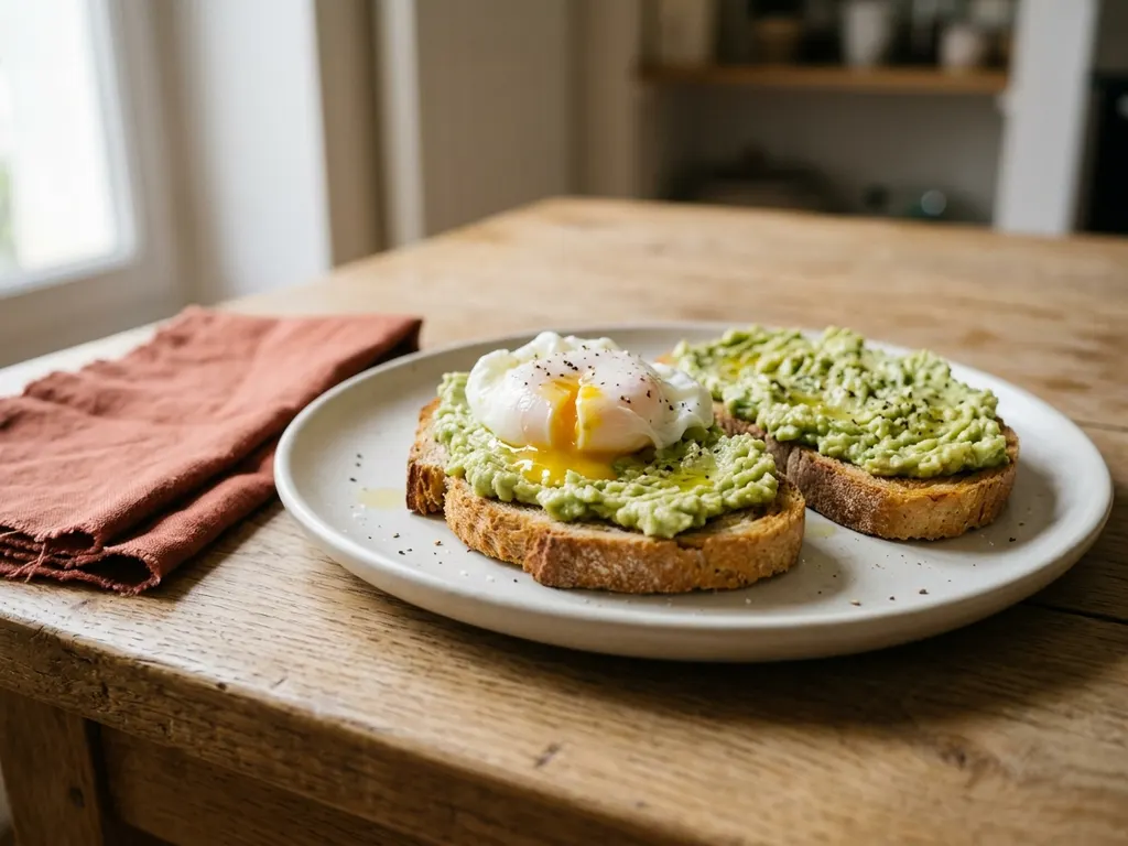Tartines de pain complet, avocat et œuf poché : image générée par IA, idée de présentation