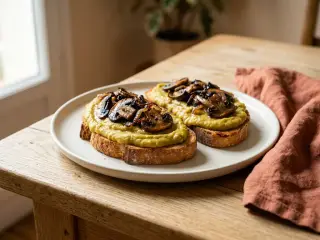 Split pea mash and sautéed mushroom toasts