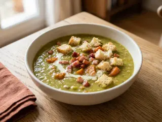 Velouté de pois cassés au lard fumé et croûtons