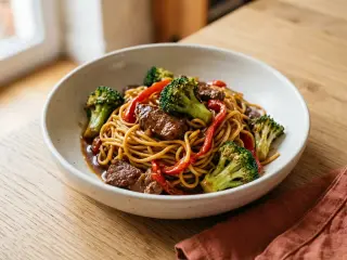 Wok de boeuf, brocoli & nouilles sautées