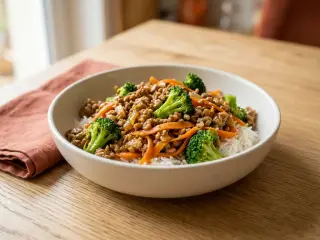 Ground beef stir-fry with crunchy veggies and lemon soy sauce