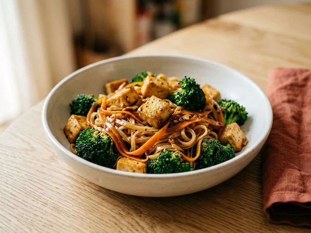 Wok de tofu, brocolis et nouilles de riz