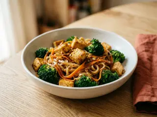 Wok de tofu, brocolis et nouilles de riz