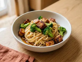 Wok de tofu croustillant, brocolis et nouilles de riz