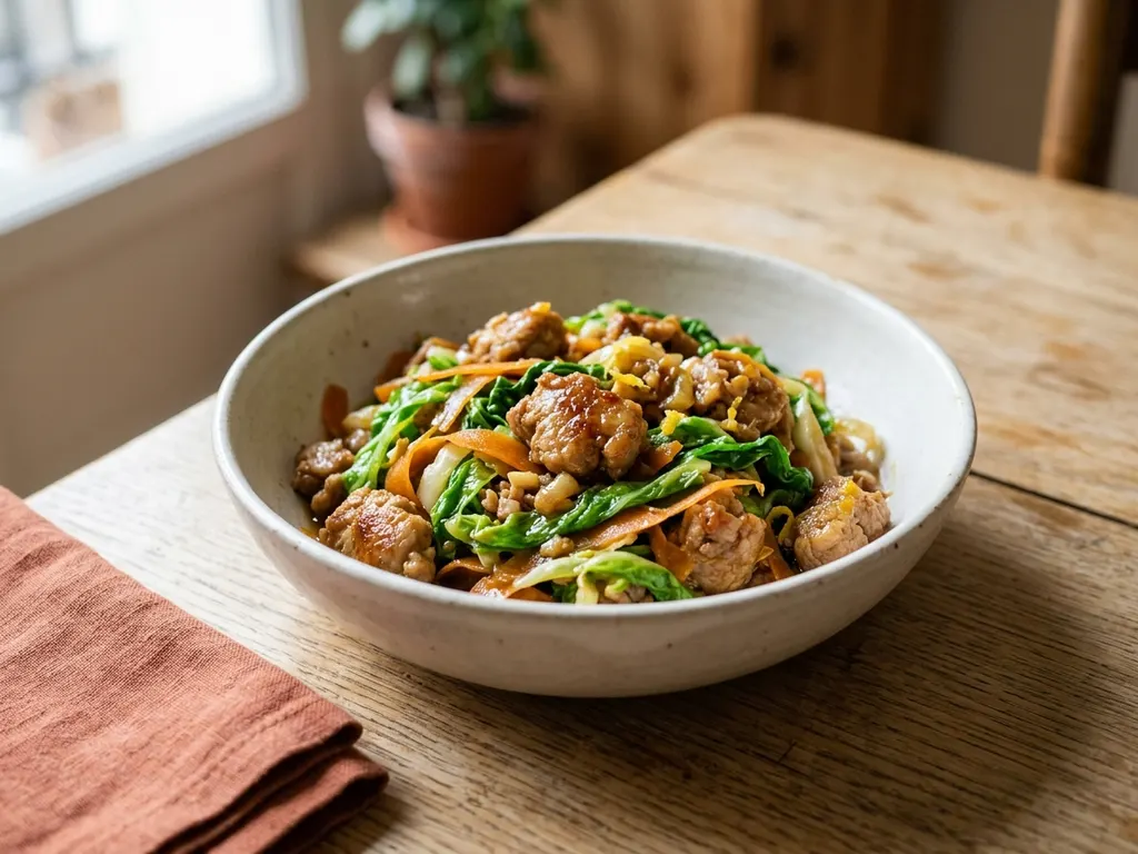 Wok express de chou chinois et porc haché aux épices douces
