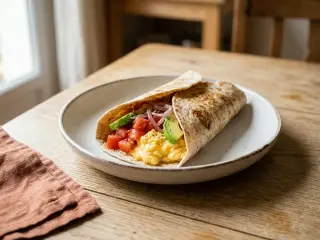 Wrap aux œufs brouillés, avocat et tomates