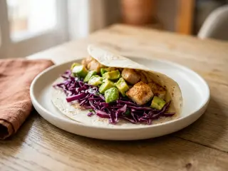 Chicken avocado wrap with red cabbage slaw