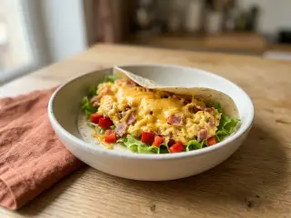 Scrambled egg, bacon and cheddar wraps