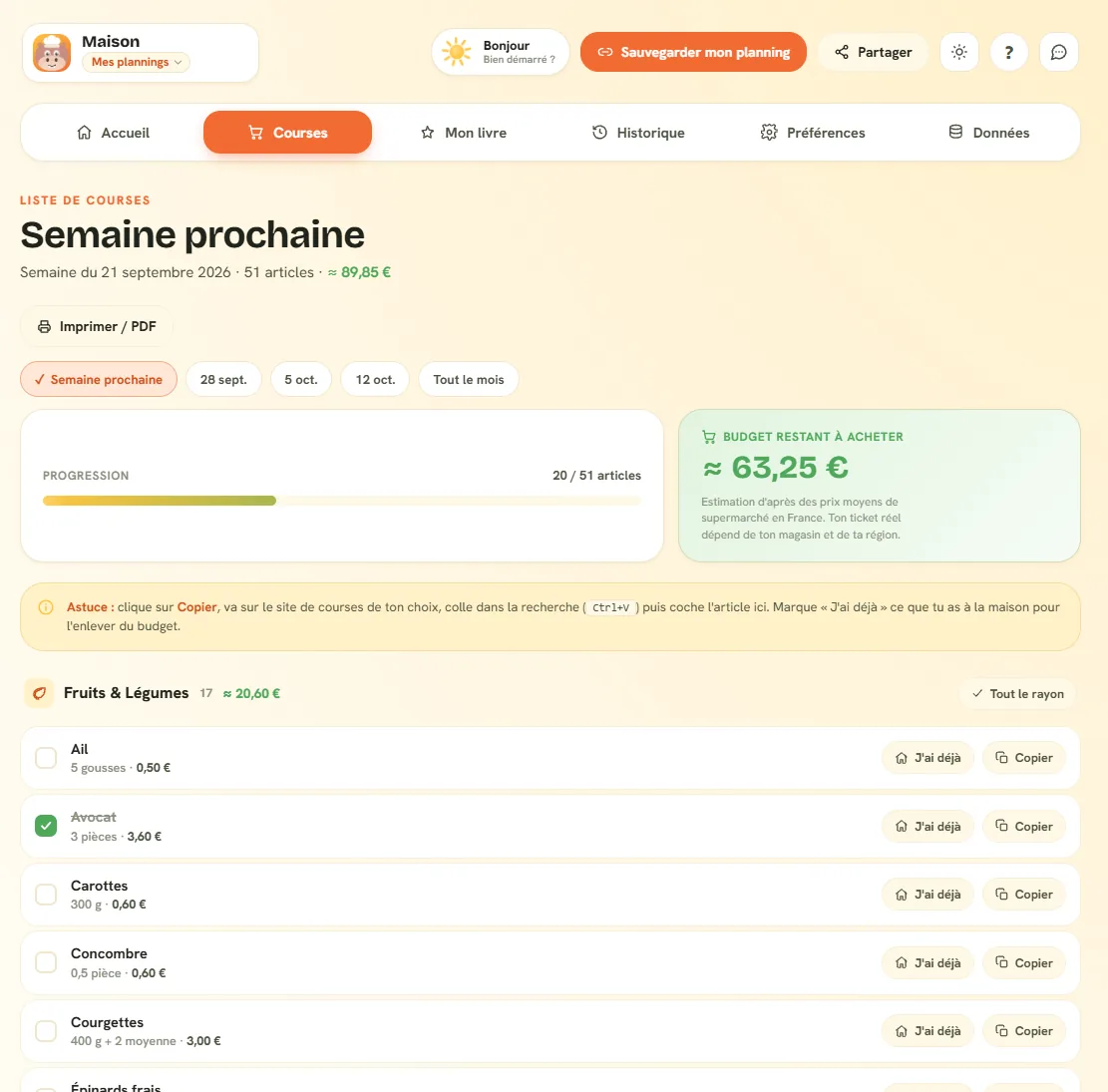 La liste de courses