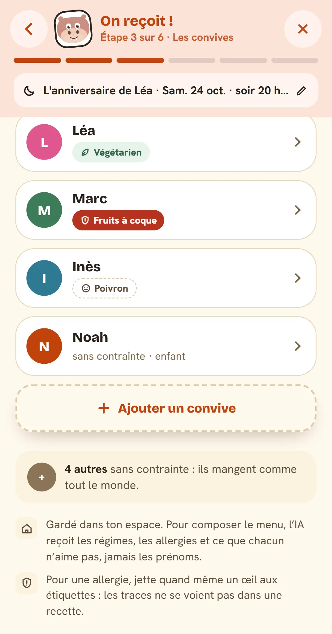 Step 3 of “We're hosting!”: Léa is vegetarian, Marc is allergic to tree nuts, Inès dislikes bell pepper, Noah is a child, and four others have no constraints