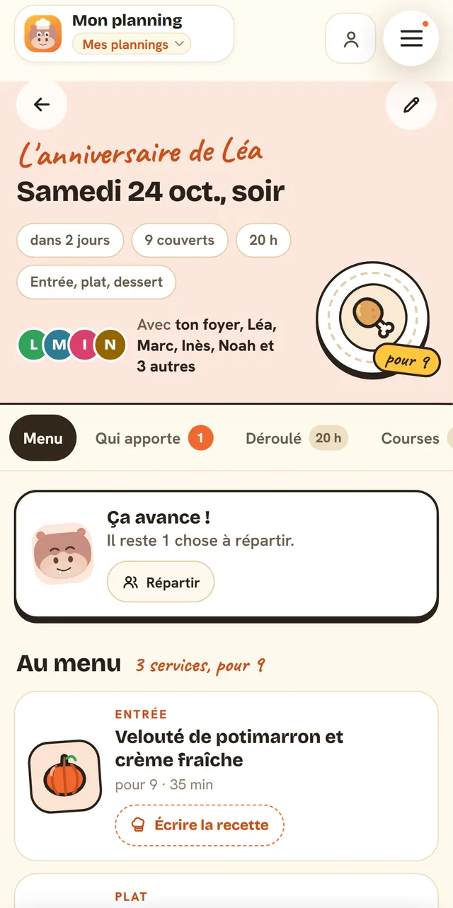A guest meal's page in Popotam: Léa's birthday, Saturday dinner, 9 guests, 8 pm, the starter and the main in two versions